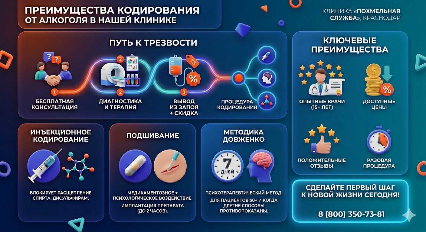 Инфографика о методах кодирования от алкоголя в Тарках: инъекции, подшивание, метод Довженко. Преимущества клиники и этапы лечения.