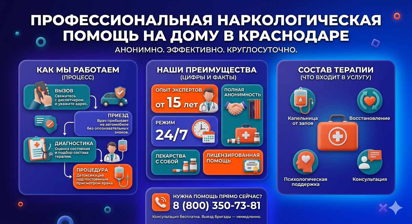 Инфографика о принципах лечения алкоголизма на дому в Тарках: этапы вызова нарколога, преимущества анонимной детоксикации и состав медицинской помощи.
